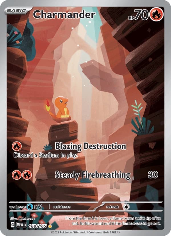 Official scan of the Charmander Illustration Rare from Scarlet & Violet 151, card 168/165, with a thin silver border around full-bleed canyon art.