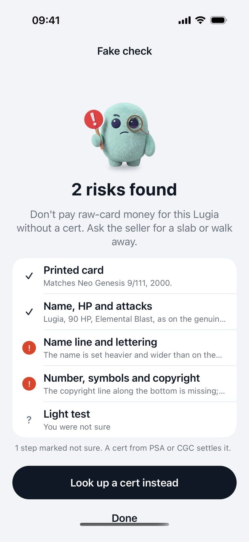 Buddy’s fake check on a Lugia: two risks found, in the name lettering and the copyright line.