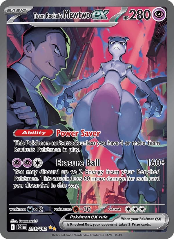 Official scan of Team Rocket’s Mewtwo ex, Special Illustration Rare 231/182 from Scarlet & Violet Destined Rivals, with Giovanni behind Mewtwo.