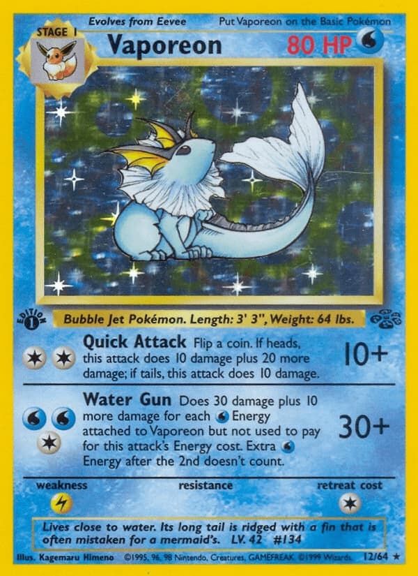 Official scan of the 1st Edition Jungle Vaporeon holo, card 12/64, with the small flower set symbol printed below the lower right corner of the art.