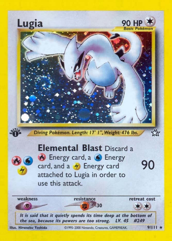 The 1st Edition Neo Genesis Lugia holo card, number 9 of 111, shown on a plain green panel.