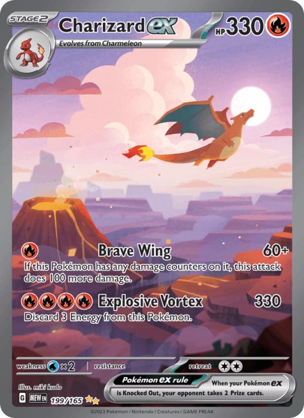 Official scan of Charizard ex 199/165, the special illustration rare from Scarlet & Violet 151, showing Charizard flying over a volcano at sunset.
