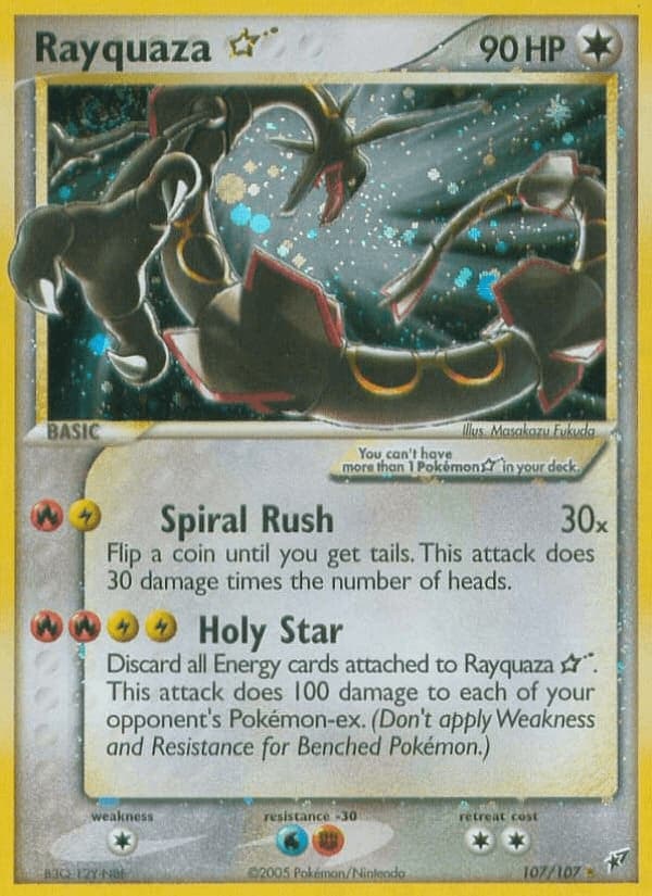 Official scan of the Gold Star Rayquaza from EX Deoxys, card 107/107.